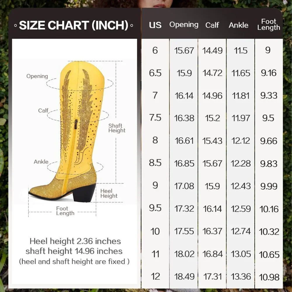 Women Polyurethane Yellow Knee High Pointed Toe Chunky Heel Rhinestone Boot